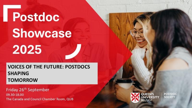 Promotional graphic for the Postdoc Showcase 2025 at Queen’s University Belfast. The theme is “Voices of the Future: Postdocs Shaping Tomorrow.” The event is scheduled for Friday, 26th September, from 09:30 to 18:00 in the Canada and Council Chamber Room, QUB.